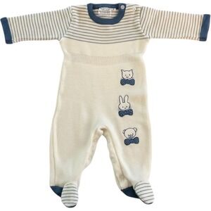 Friemanit Vintage Knit Footed Romper Kids 9M Cream Blue Striped Animal Retro